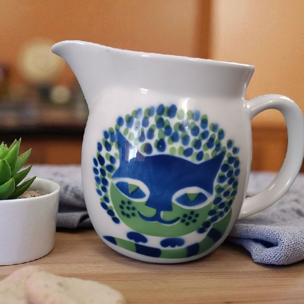 Arabia of Finland MCM Vintage Whimsical Blue and Green Cat Ceramic Pitcher